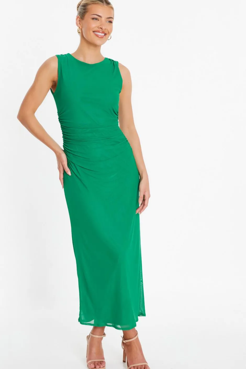 Quiz Green Mesh Ruched Bodycon Midaxi Dress New