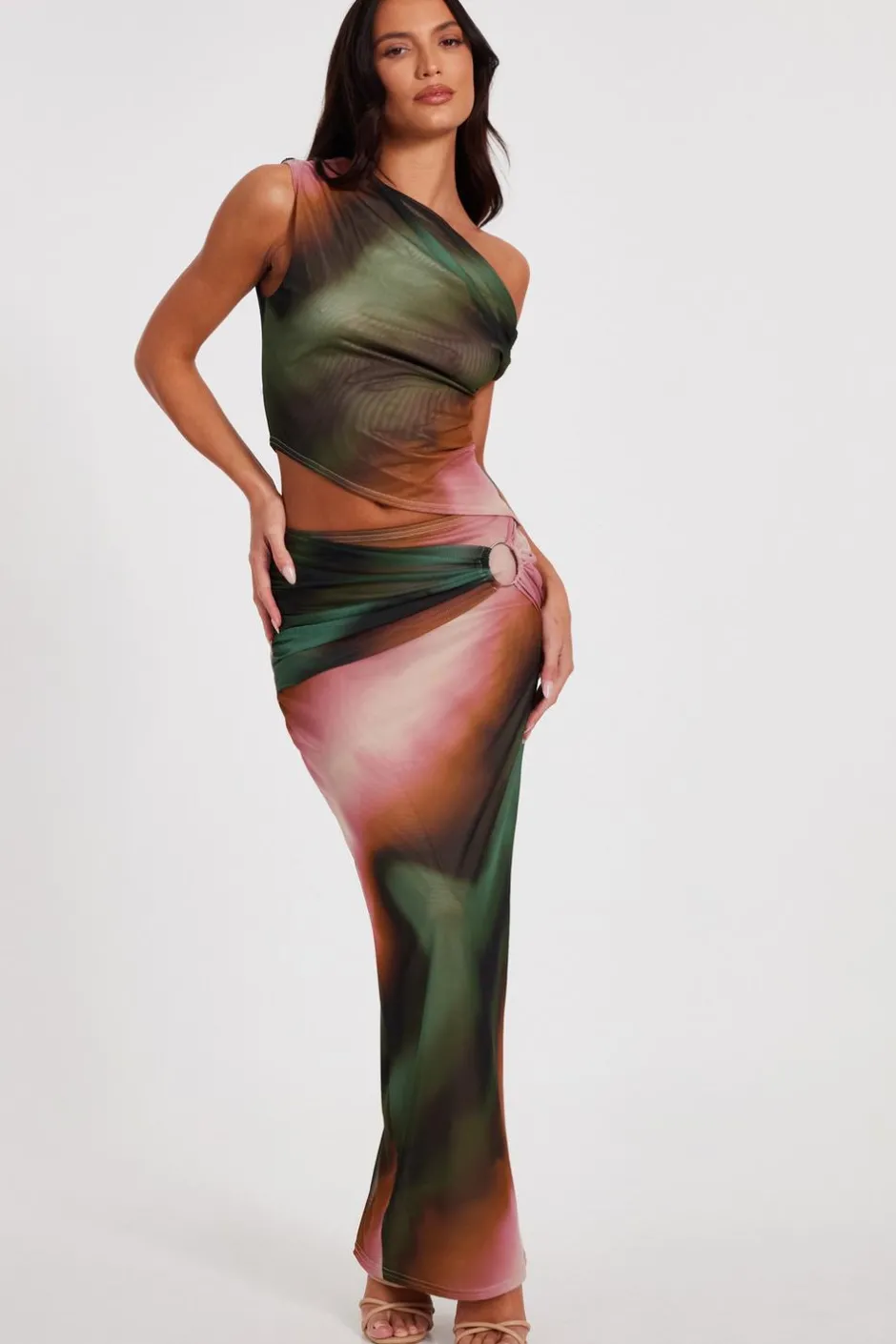 Quiz Green Mesh Ruched Maxi Skirt Clearance