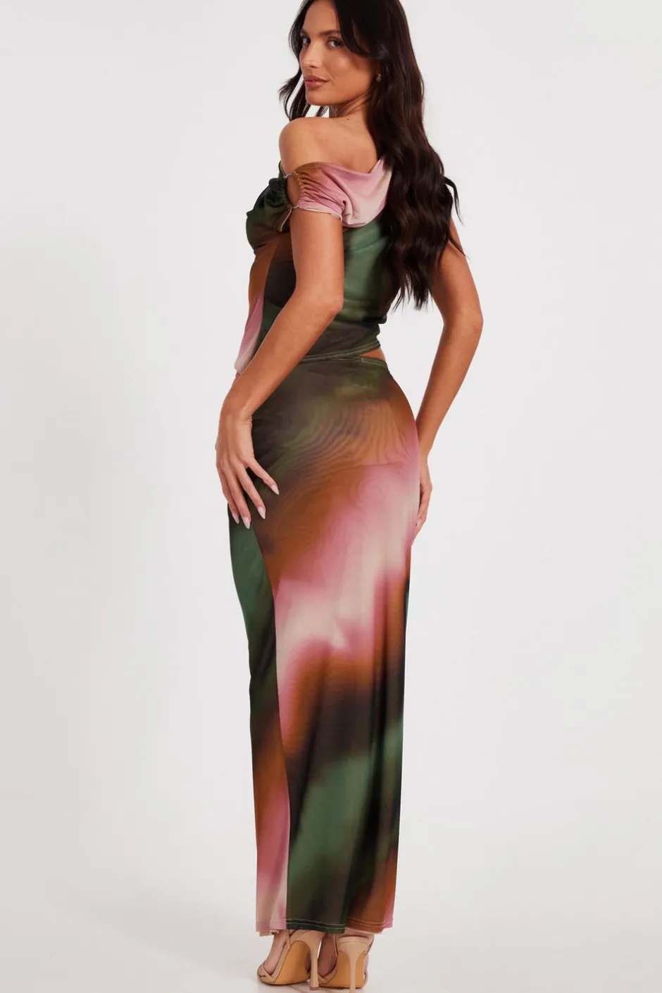 Quiz Green Mesh Ruched Maxi Skirt Clearance