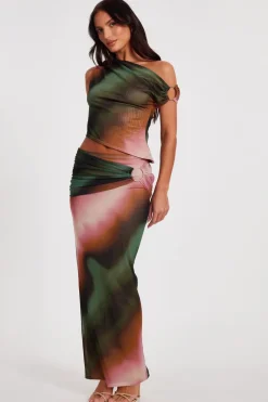 Quiz Green Mesh Ruched Maxi Skirt Clearance