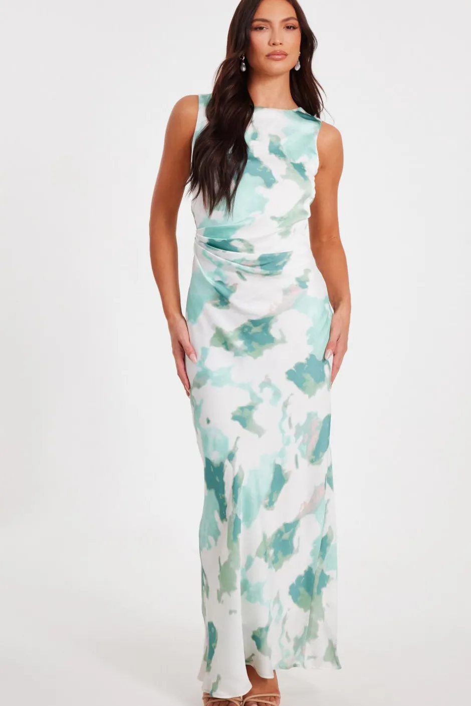 Quiz Green Satin Marble Midaxi Dress Outlet