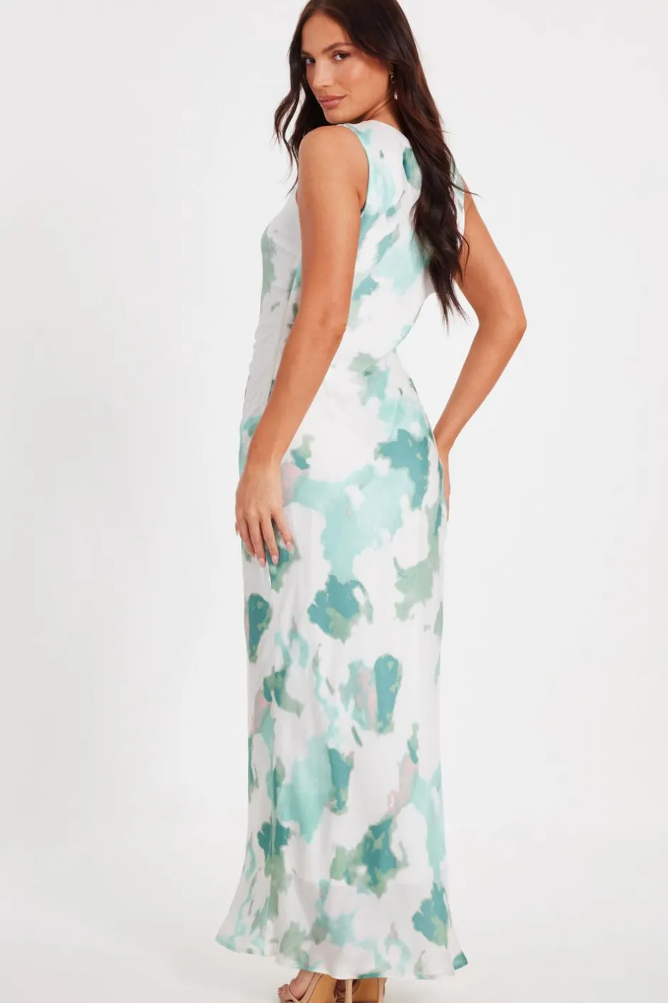 Quiz Green Satin Marble Midaxi Dress Outlet