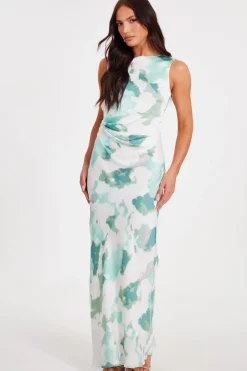 Quiz Green Satin Marble Midaxi Dress Outlet