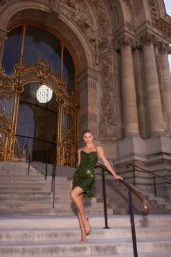 Quiz Sequin Cowl Mini Dress Green New