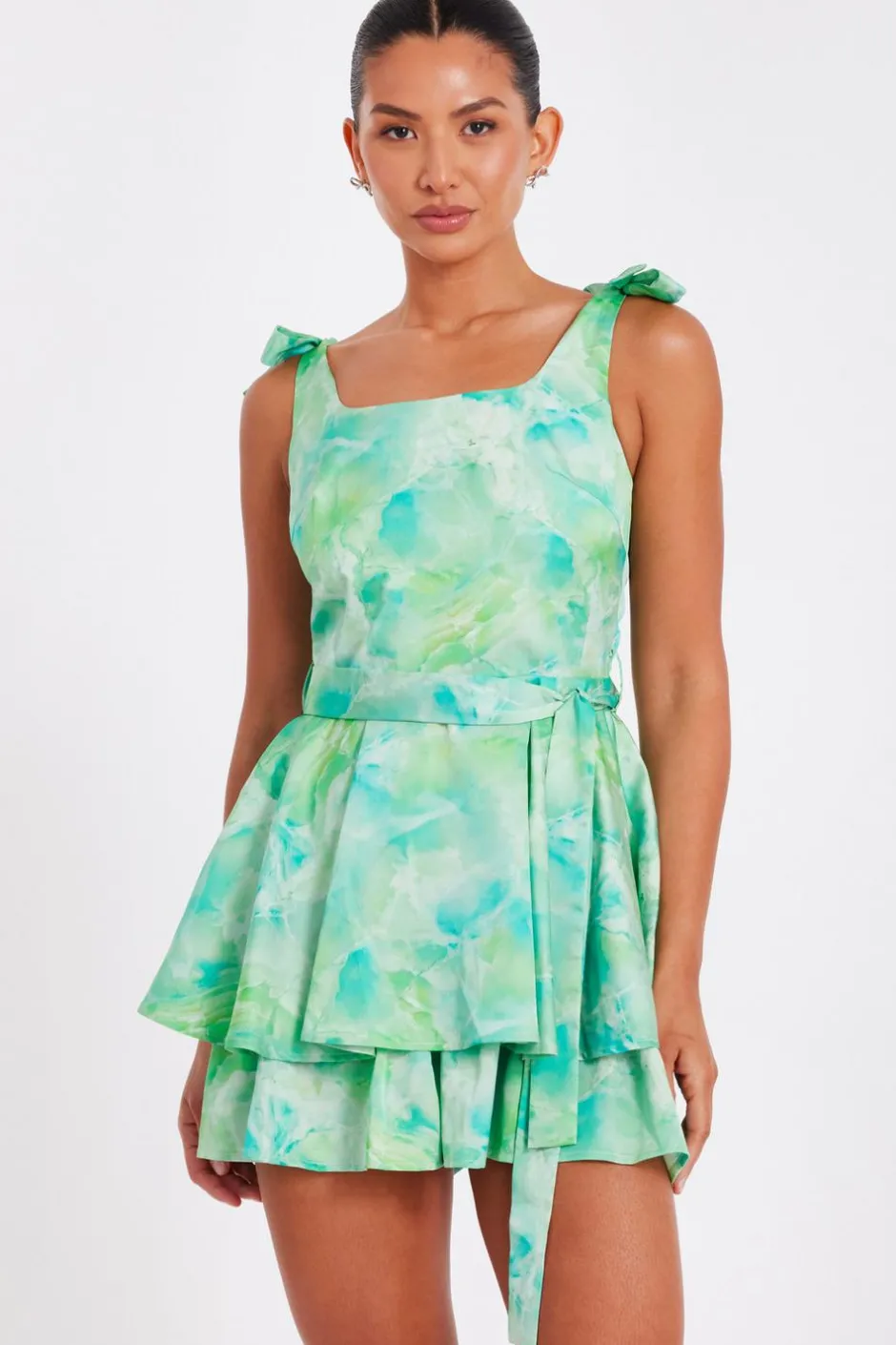Quiz Green Tie Dye Bow Strap Playsuit Hot