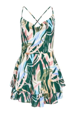 Quiz Green Tropical Print Satin Playsuit Online