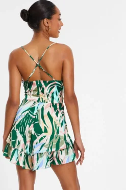Quiz Green Tropical Print Satin Playsuit Online