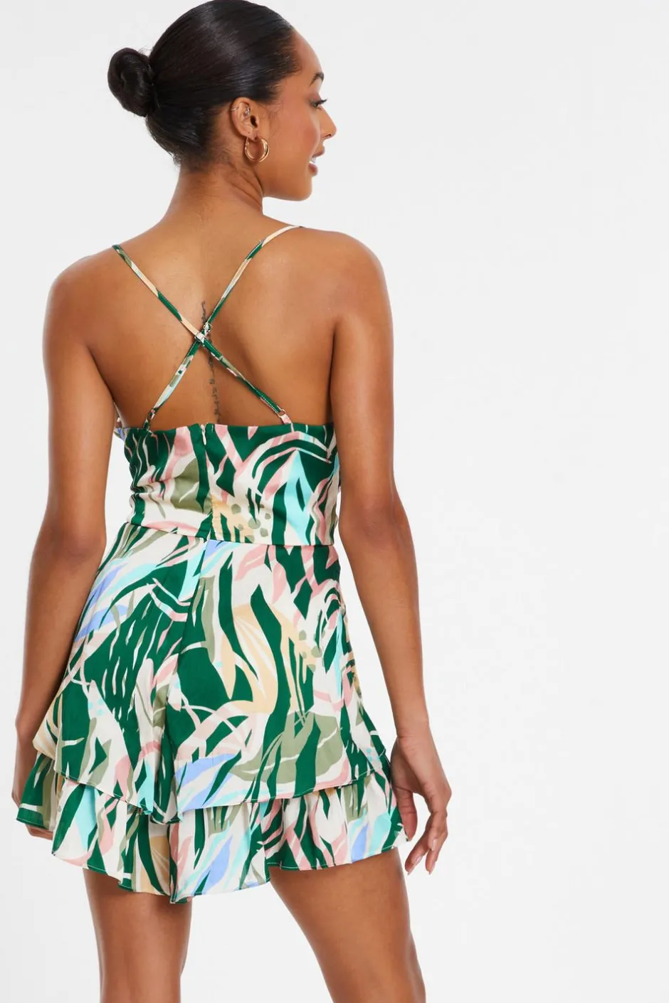 Quiz Green Tropical Print Satin Playsuit Online