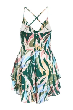 Quiz Green Tropical Print Satin Playsuit Online