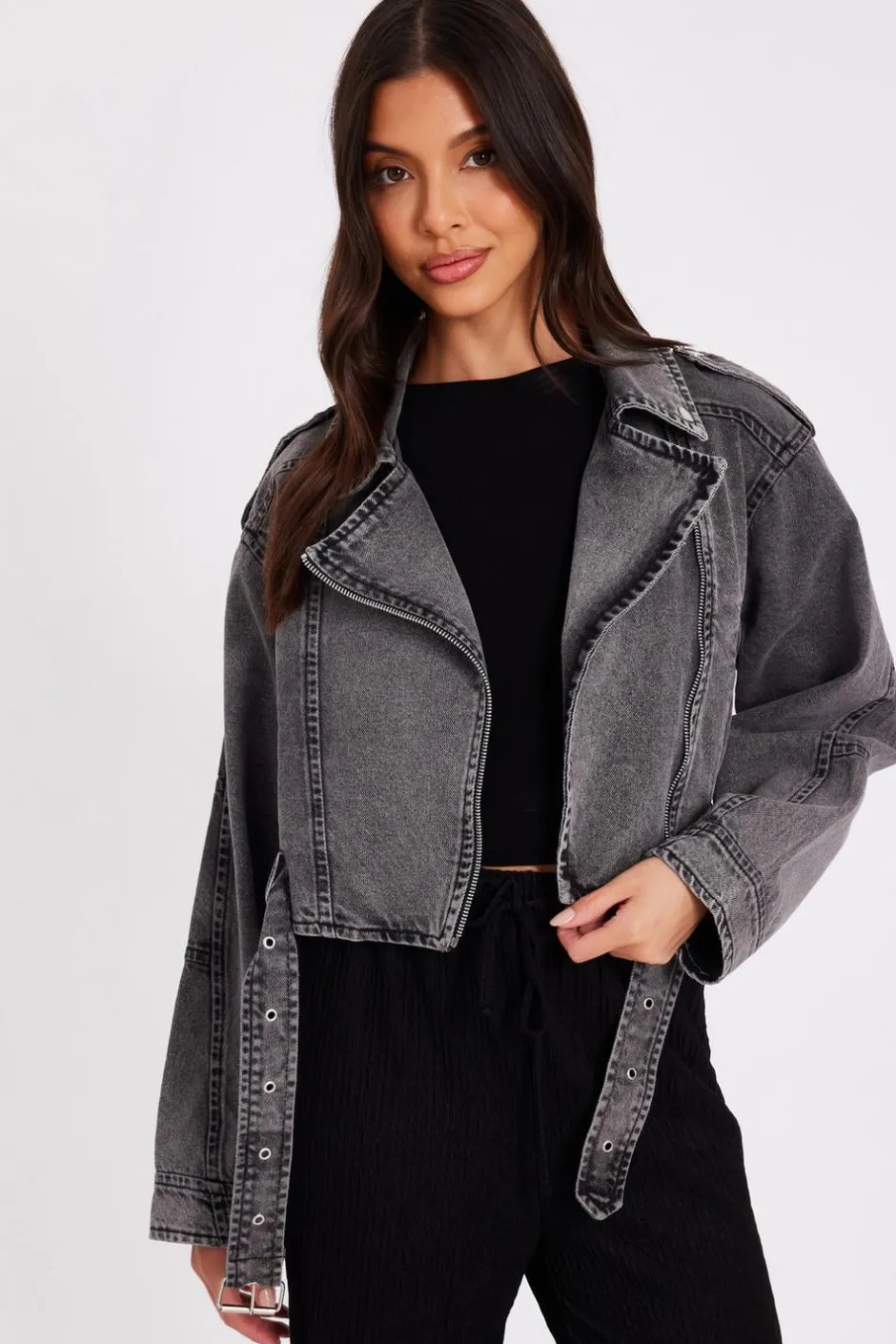 Quiz Denim Biker Jacket Grey Best