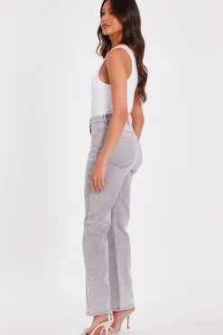 Quiz Grey Denim Diamante Jeans Discount
