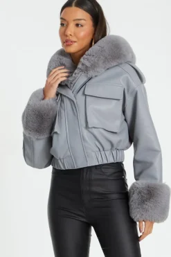 Quiz Faux Fur Bomber Jacket Grey New