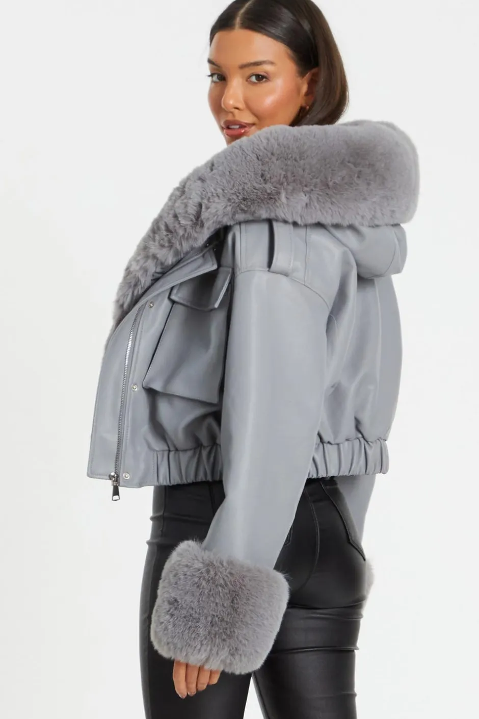 Quiz Faux Fur Bomber Jacket Grey New