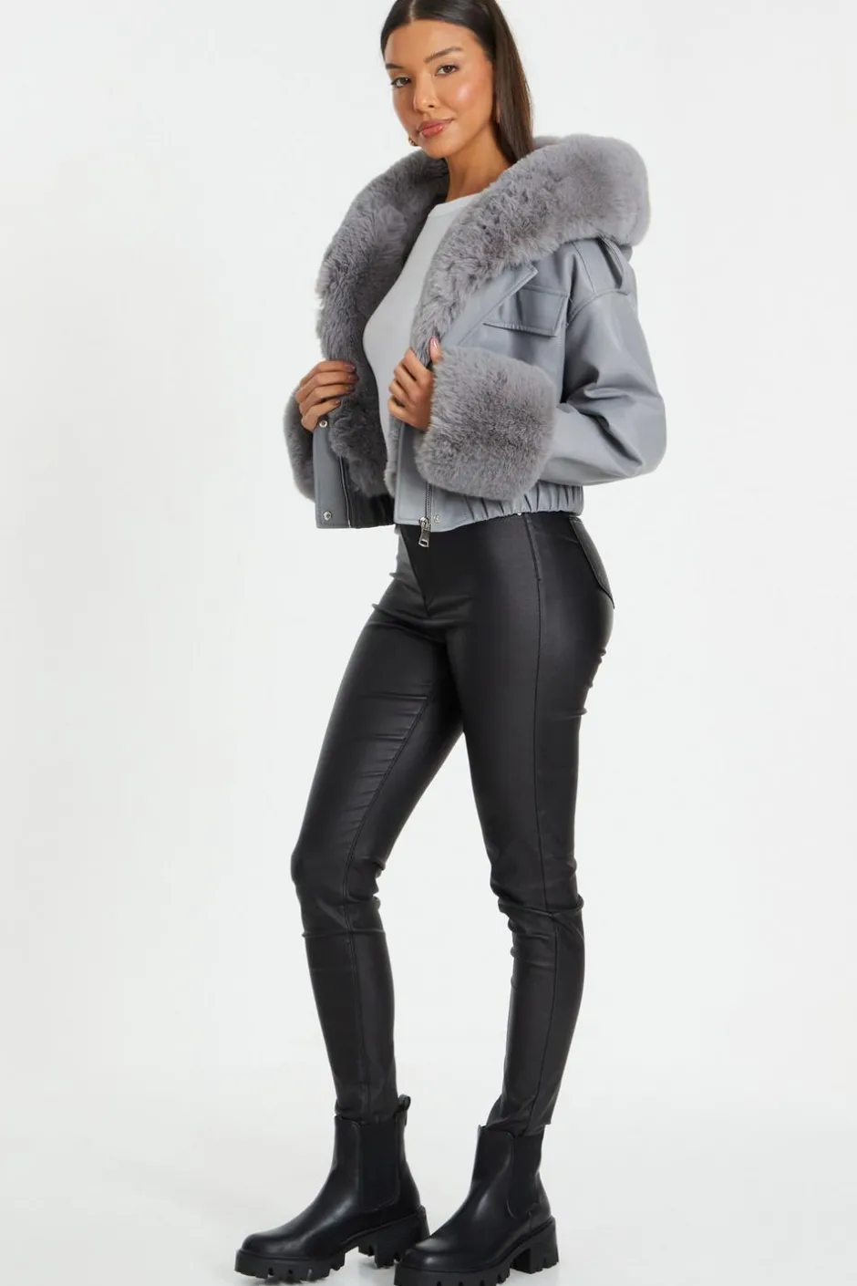 Quiz Faux Fur Bomber Jacket Grey New