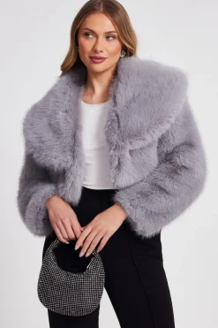 Quiz Faux Fur Cropped Jacket Grey Best