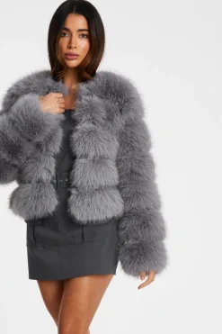 Quiz Grey Faux Fur Jacket Sale