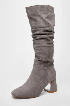 Quiz Faux Suede Ruched Heeled Boots Grey Hot