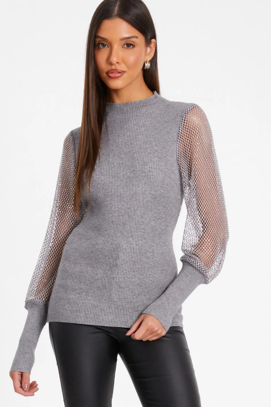Quiz Knit Diamante Sleeve Jumper Grey Outlet
