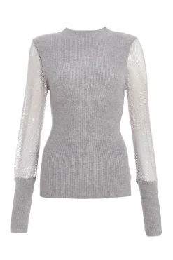 Quiz Knit Diamante Sleeve Jumper Grey Outlet