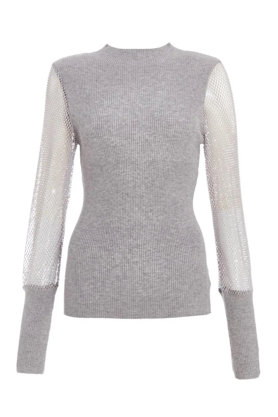 Quiz Knit Diamante Sleeve Jumper Grey Outlet