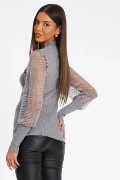 Quiz Knit Diamante Sleeve Jumper Grey Outlet