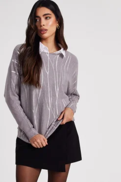 Quiz Knit Foil Detail Jumper Grey Discount