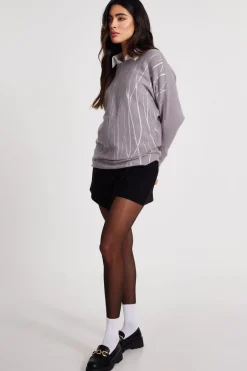 Quiz Knit Foil Detail Jumper Grey Discount