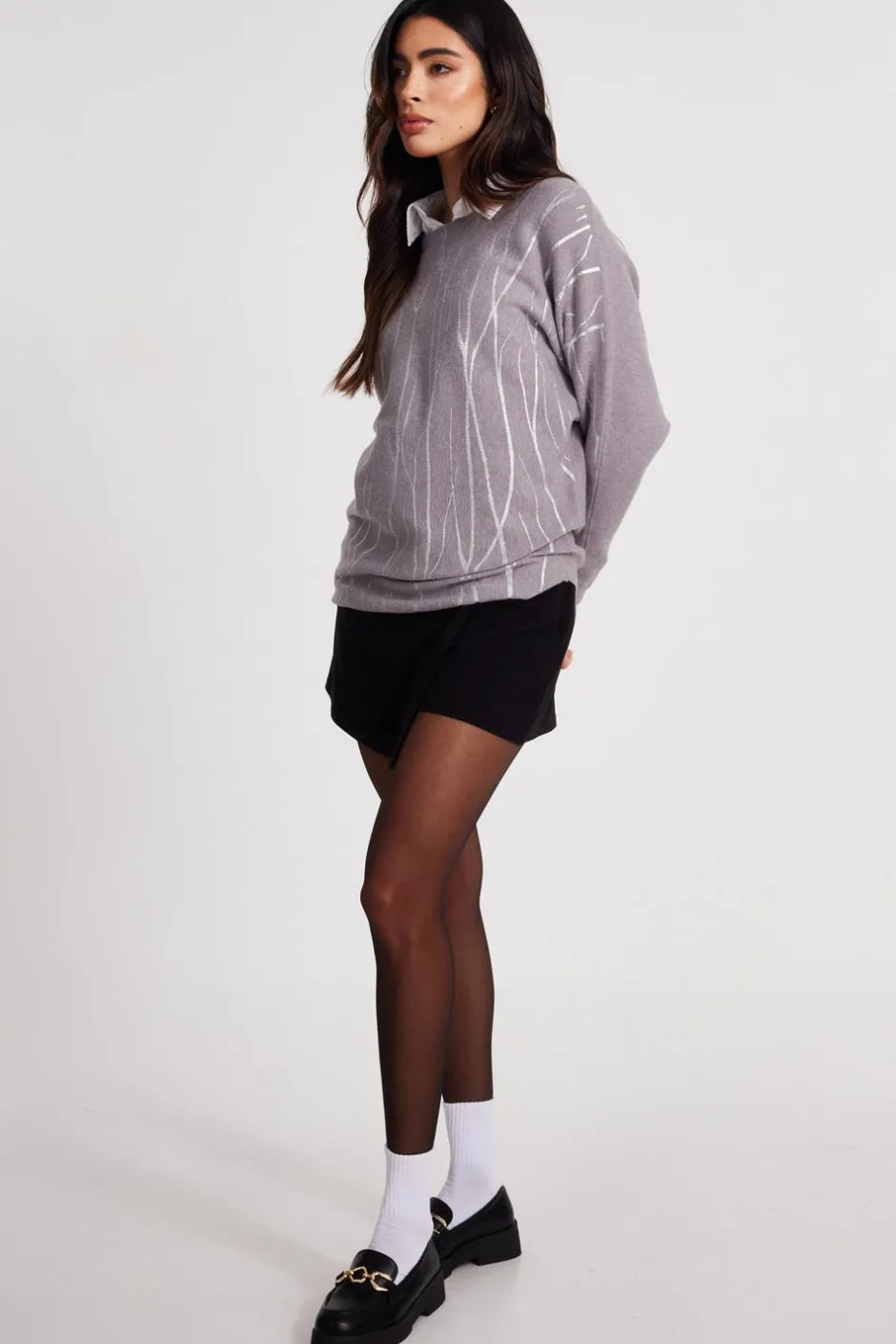 Quiz Knit Foil Detail Jumper Grey Discount
