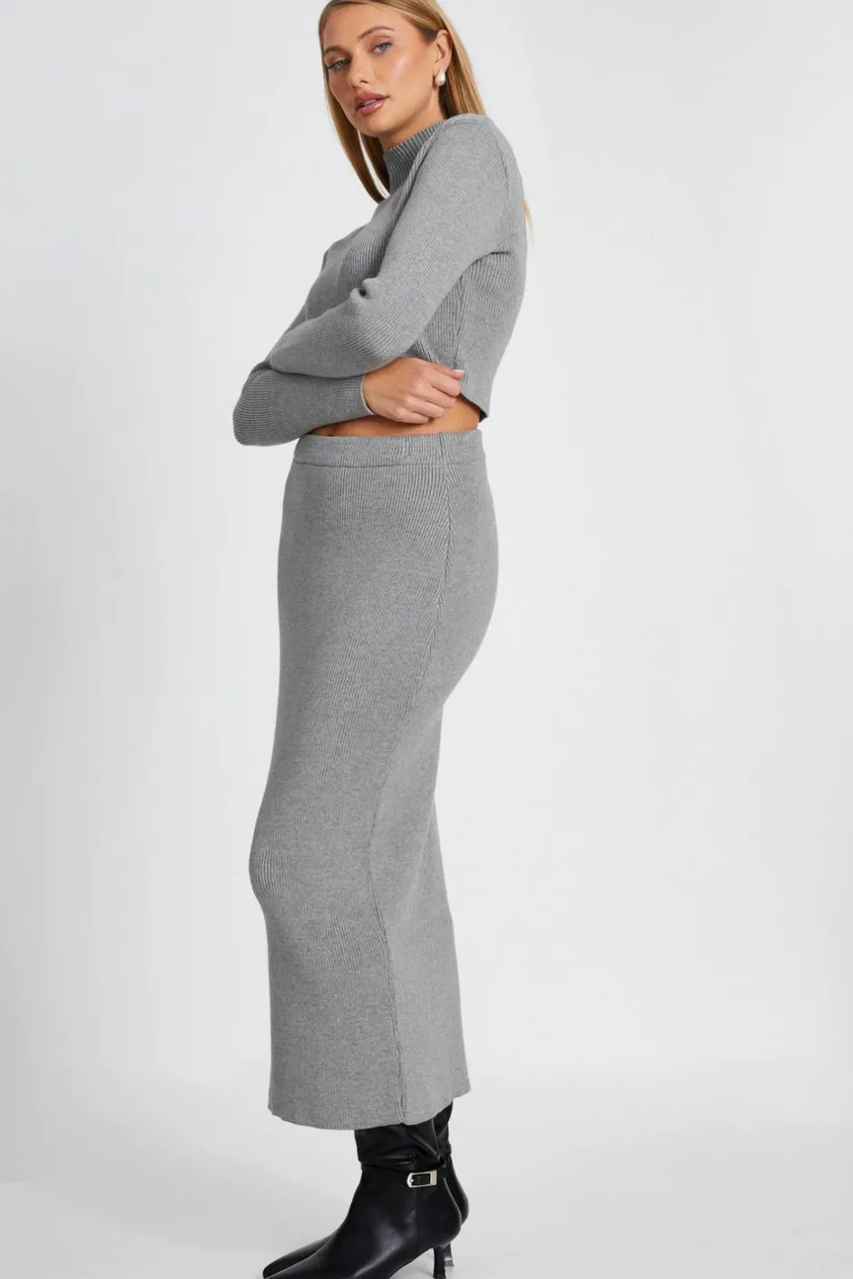 Quiz Knit Midaxi Skirt Grey Discount