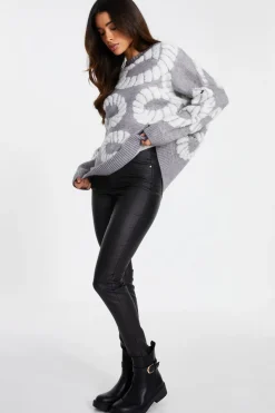 Quiz Grey Knit Printed Jumper Clearance