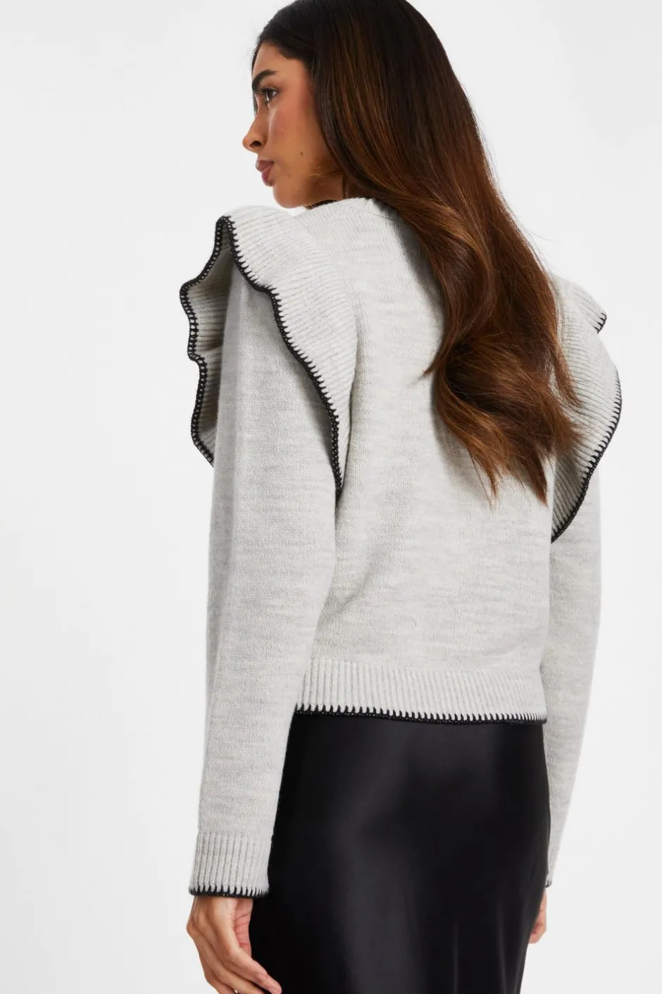 Quiz Knitted Frill Sleeve Jumper Grey Hot