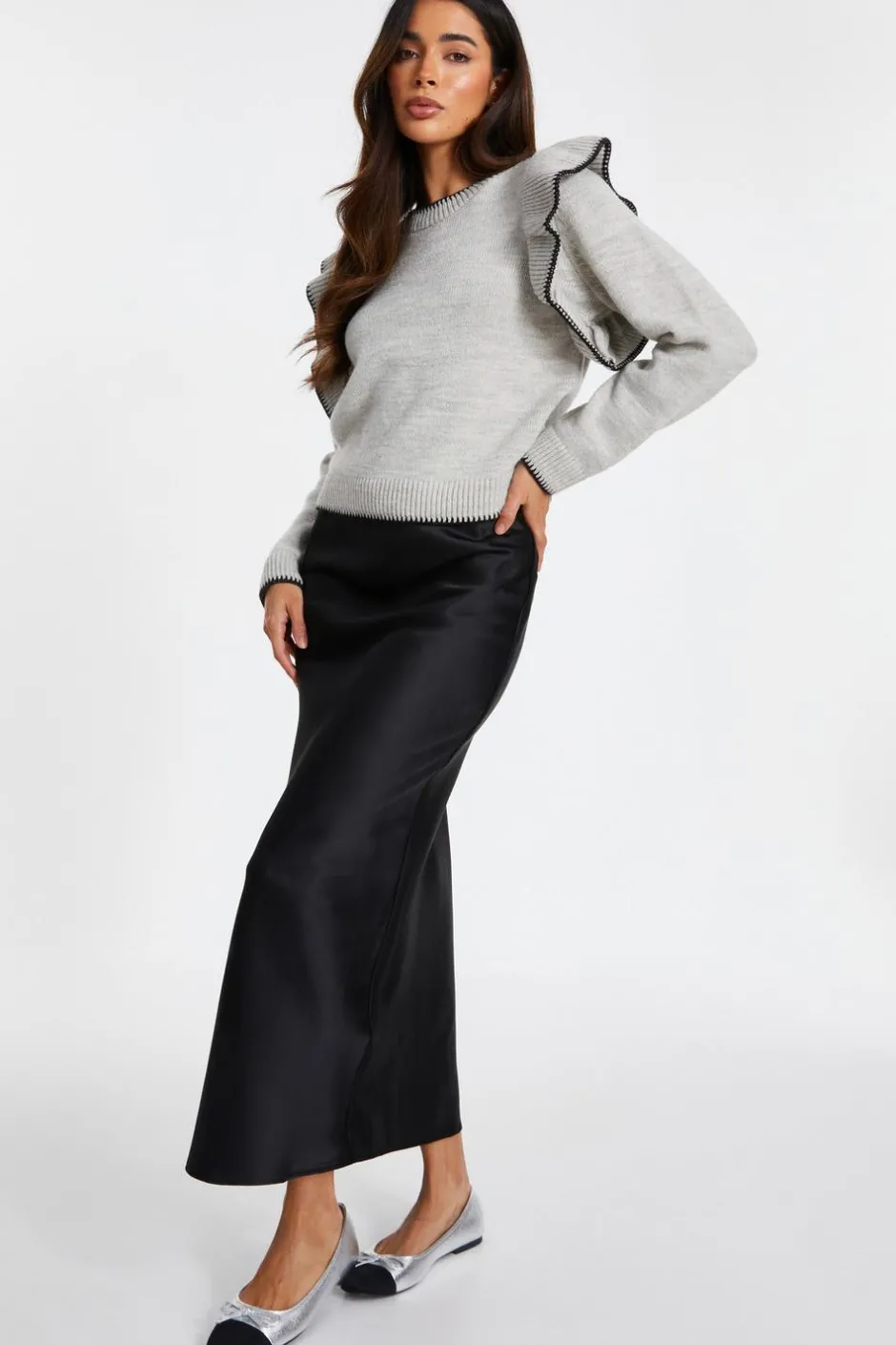 Quiz Knitted Frill Sleeve Jumper Grey Hot
