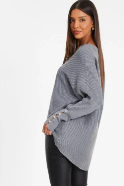 Quiz Light Knit Buttoned Jumper Grey New