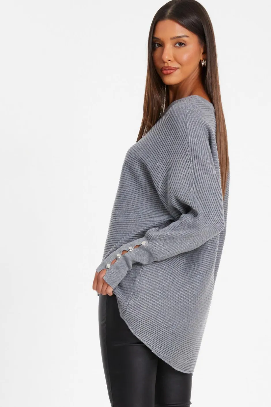 Quiz Light Knit Buttoned Jumper Grey New