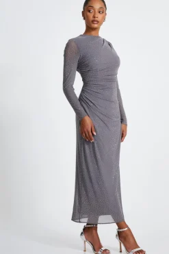 Quiz Mesh Diamante Maxi Dress Grey Online