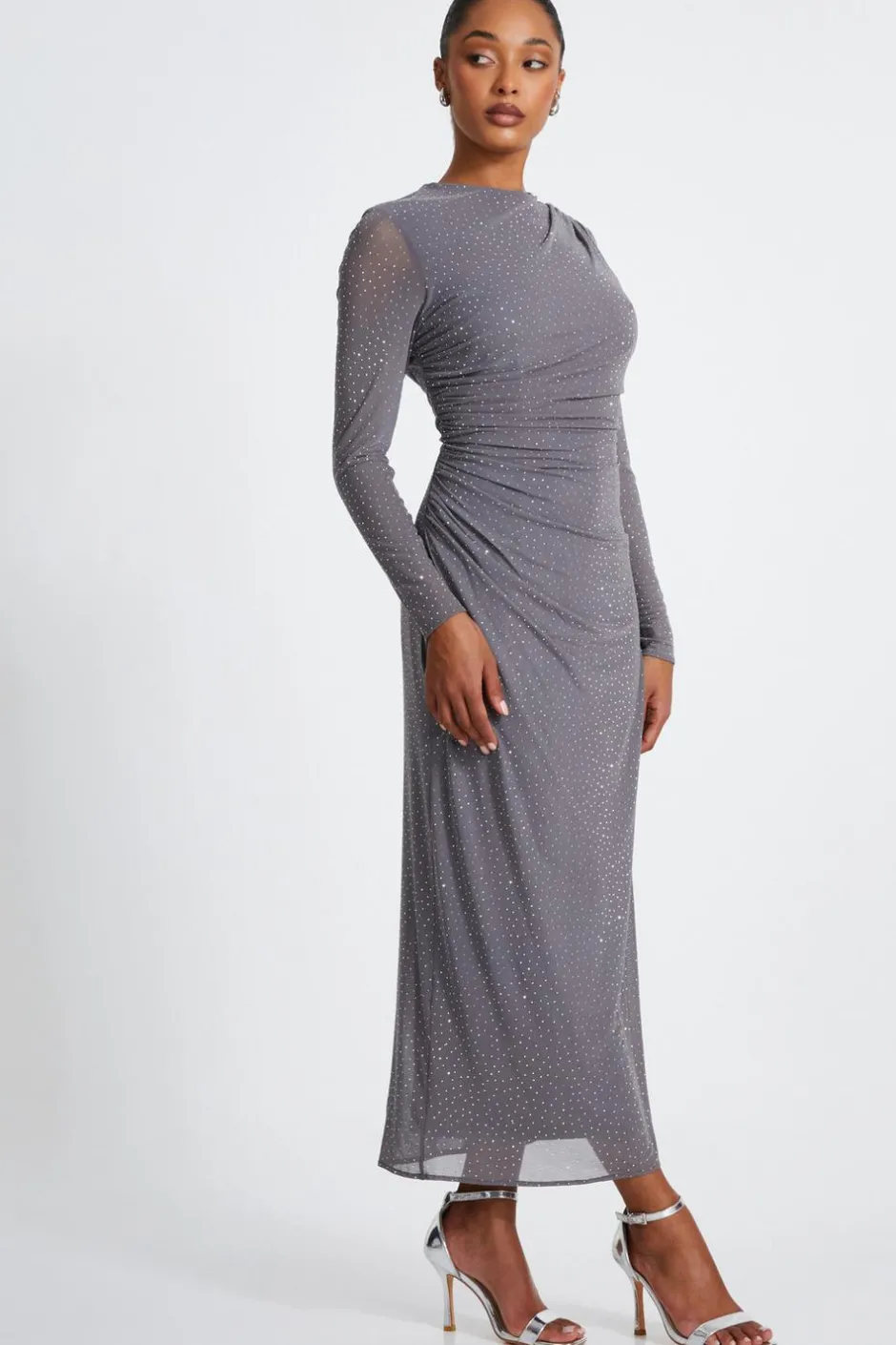 Quiz Mesh Diamante Maxi Dress Grey Online