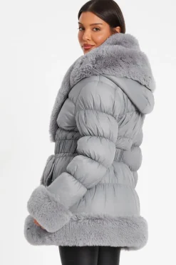 Quiz Padded Faux Fur Trim Jacket Grey Online