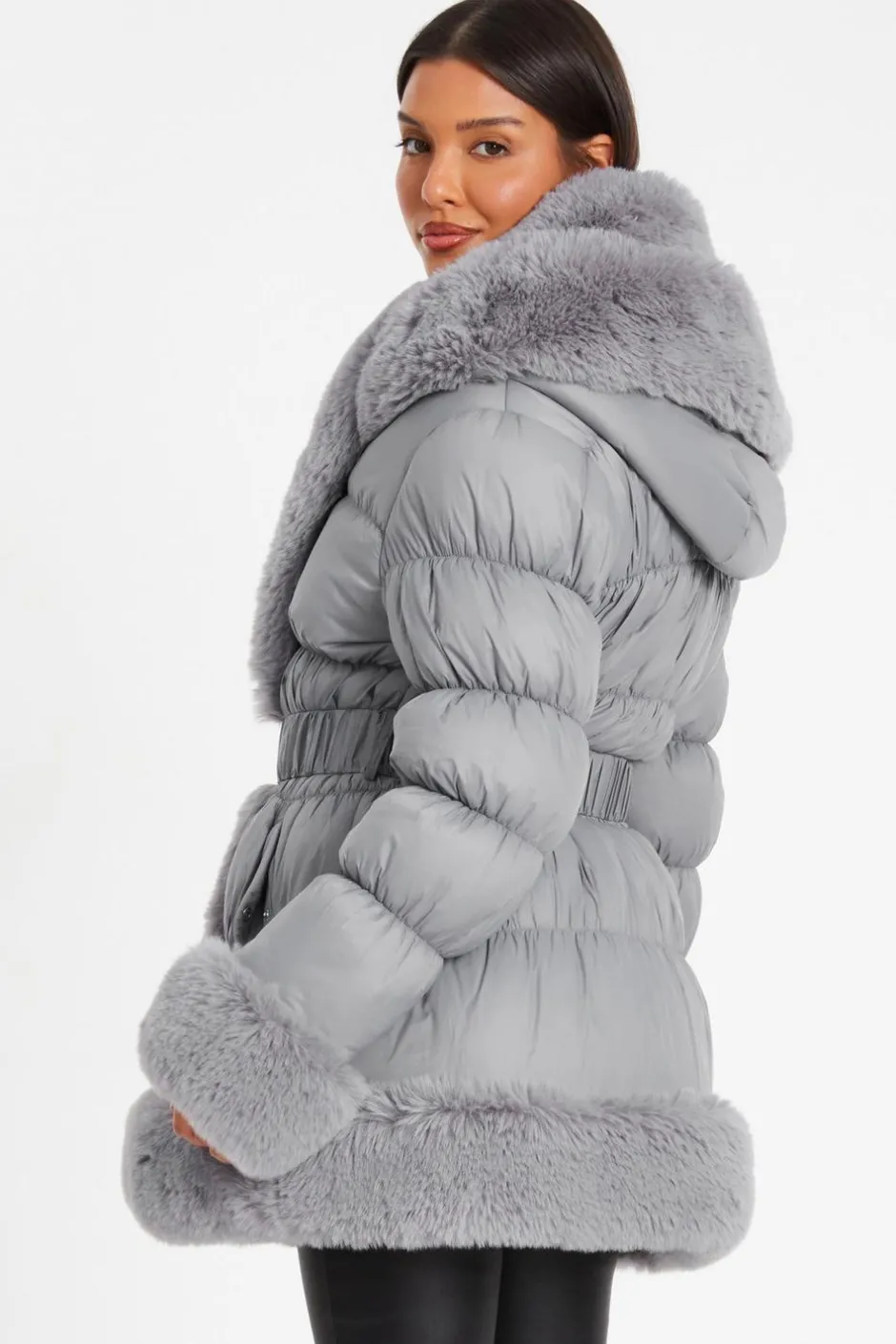 Quiz Padded Faux Fur Trim Jacket Grey Online