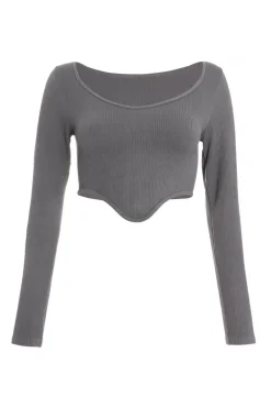 Quiz Ribbed Crop Top Grey Hot