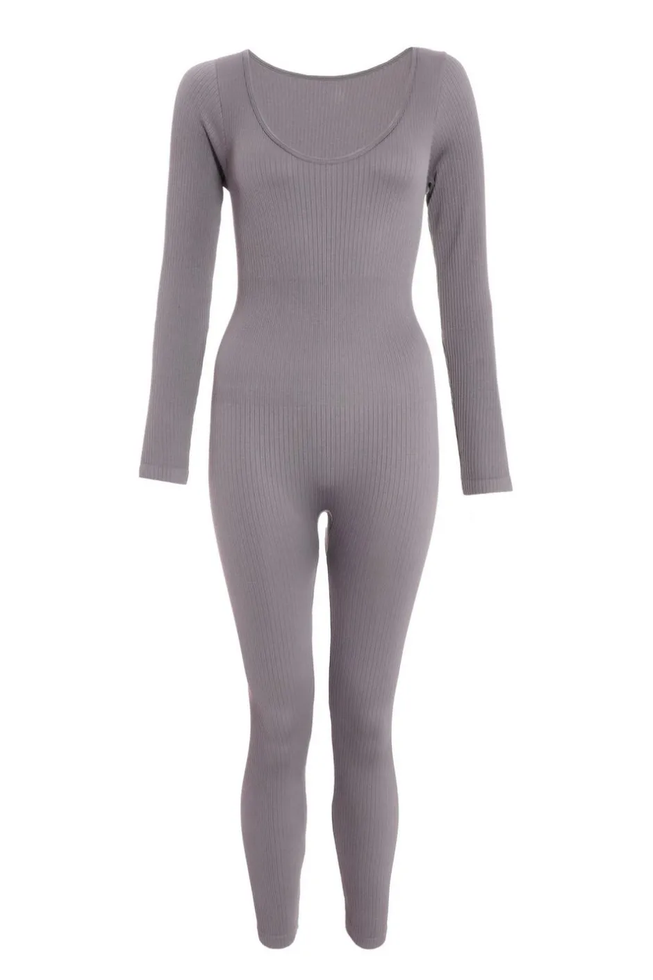 Quiz Ribbed Long Sleeve Jumpsuit Grey Hot