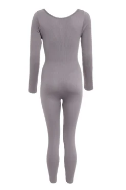 Quiz Ribbed Long Sleeve Jumpsuit Grey Hot