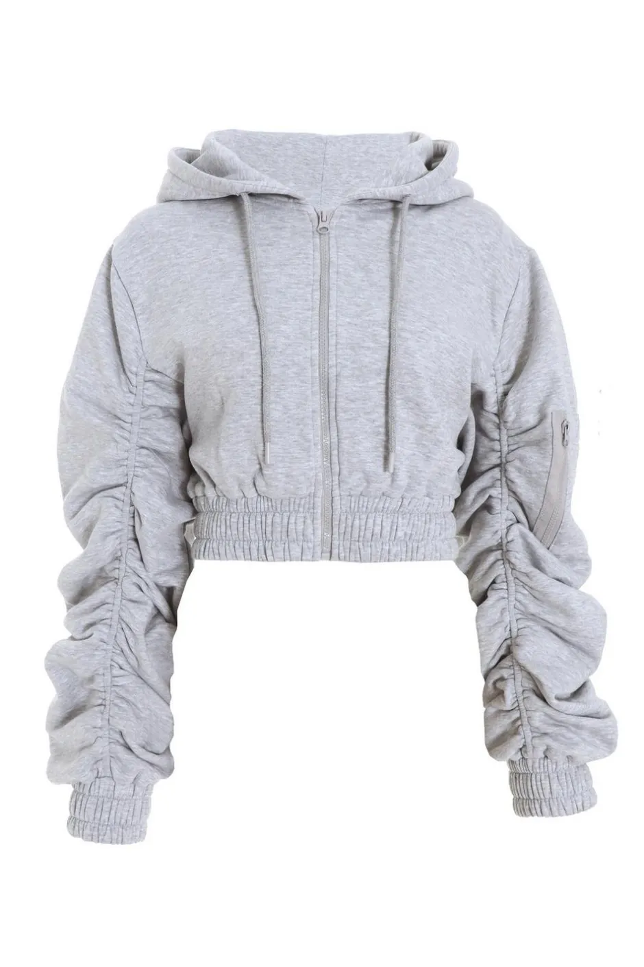 Quiz Ruched Sleeve Cropped Hoodie Grey Best