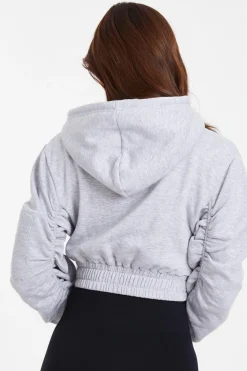 Quiz Ruched Sleeve Cropped Hoodie Grey Best