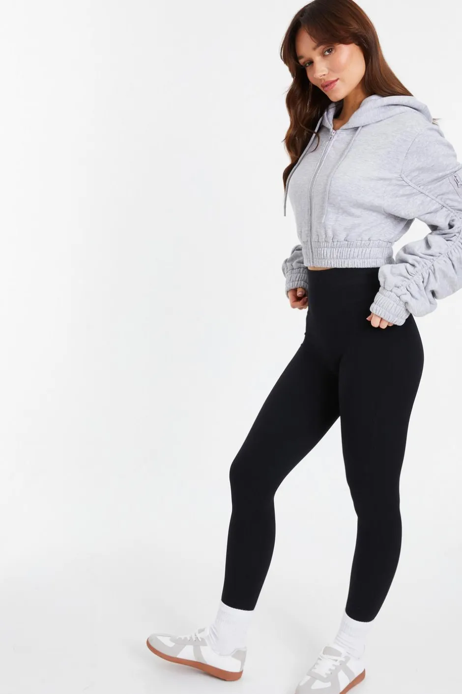 Quiz Ruched Sleeve Cropped Hoodie Grey Best