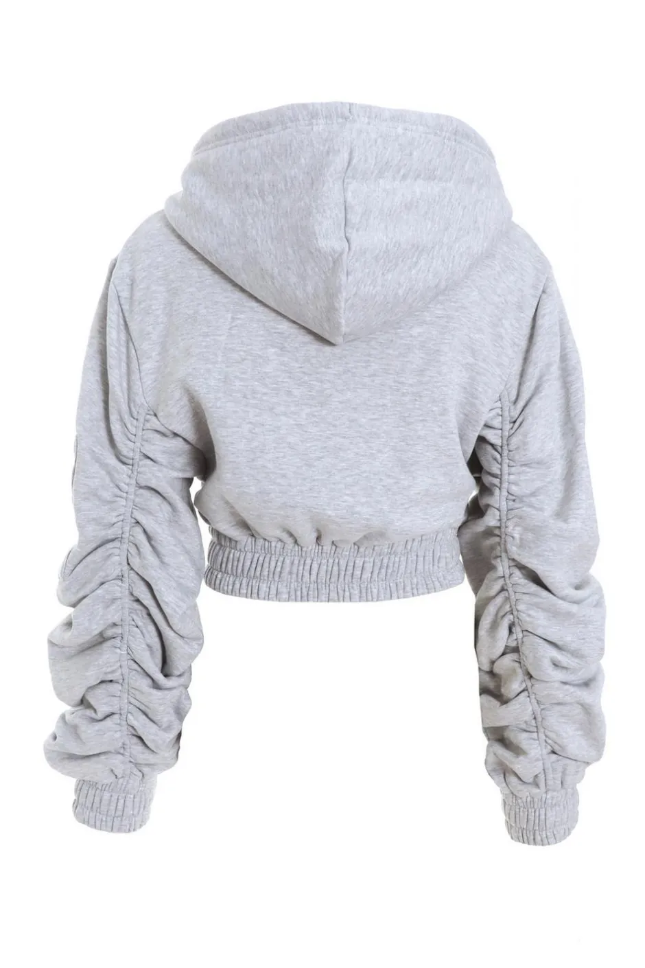 Quiz Ruched Sleeve Cropped Hoodie Grey Best