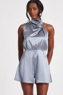 Quiz Satin Asymmetric Playsuit Grey Hot
