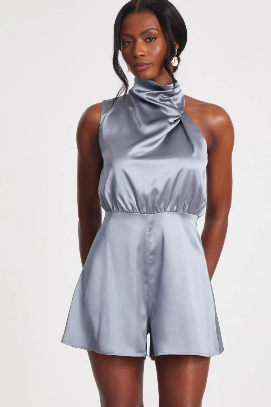 Quiz Satin Asymmetric Playsuit Grey Hot