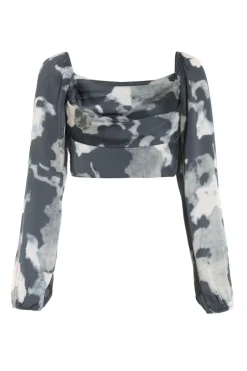 Quiz Grey Satin Smudge Print Cropped Top New