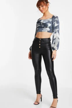 Quiz Grey Satin Smudge Print Cropped Top New