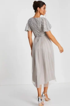 Quiz Grey Sequin Wrap Tulle Midi Dress Online